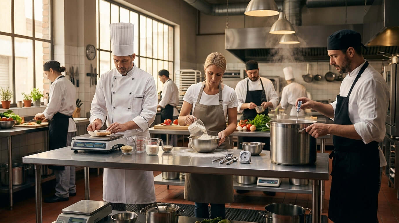 The Unsung Hero of Profitability: How Accurate Measurements Impact Your Bottom Line - chefs weighing ingredients on digital scales in busy restaurant kitchen