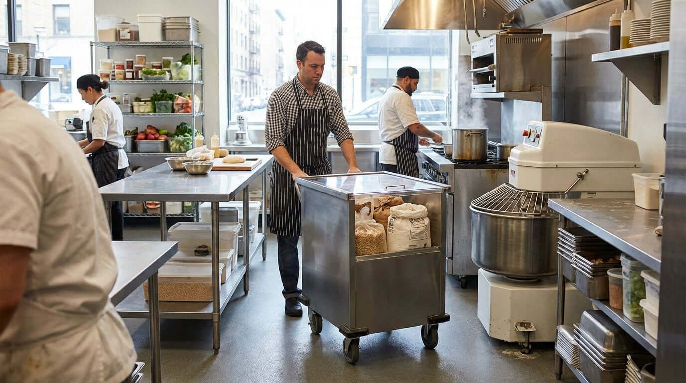 On the Move: Are Mobile Ingredient Bins the Right Choice for Your Workflow? chef rolling mobile ingredient bin through busy commercial kitchen