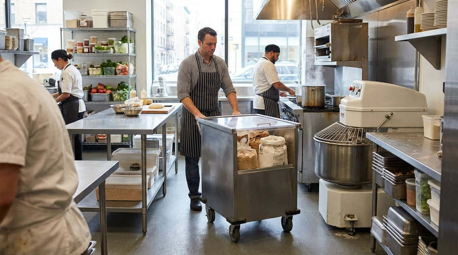 On the Move: Are Mobile Ingredient Bins the Right Choice for Your Workflow? chef rolling mobile ingredient bin through busy commercial kitchen