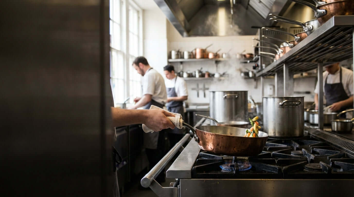 More Than a Sauce Pan: 7 Unexpected Uses for Your Tapered Pan in a professional kitchen, chef cooking vegetables in a copper tapered pan