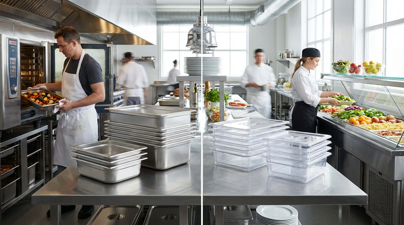 Commercial kitchen with stainless steel and polycarbonate hotel pans on prep tables – Stainless Steel vs. Polycarbonate: Choosing the Right Hotel Pan for the Job