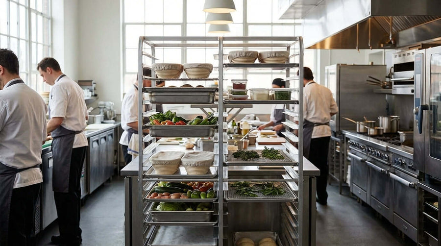 Beyond Baking: Unconventional and Creative Uses for Your Bun Pan Rack in a commercial kitchen speed rack holding ingredients and sheet pans