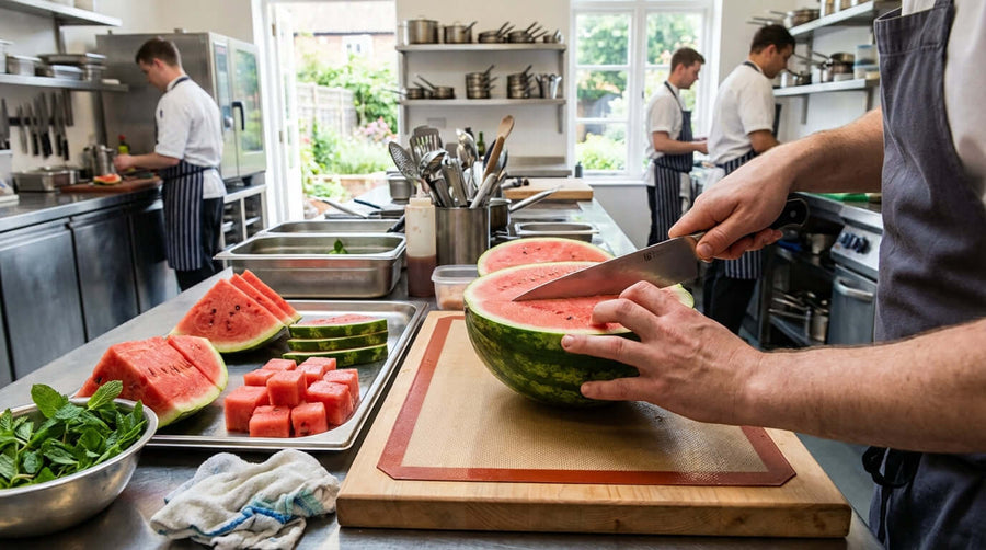 Slice Like a Pro: A Step-by-Step Tutorial to Safely Cutting a Watermelon - chef slicing watermelon on cutting board in professional kitchen