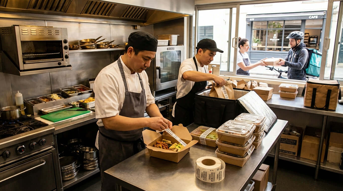 From Deli to Door: Mastering Tamper-Evident Sealing for Food Delivery—restaurant staff sealing takeout containers for delivery pickup