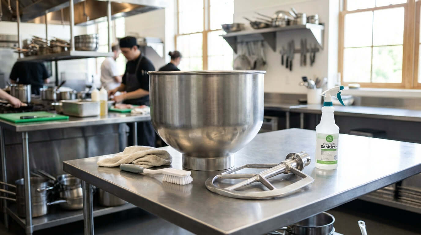 How to Properly Clean and Maintain Your Manual Meat Mixer: manual meat mixer bowl, paddles, brush and sanitizer on stainless prep table