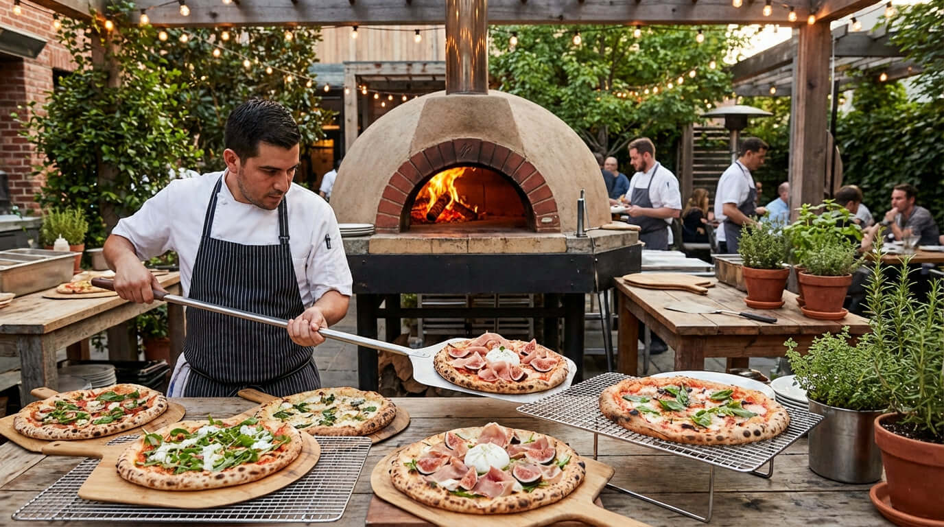 Beyond Pepperoni: 10 Gourmet Pizza Recipes to Elevate Your Outdoor Menu – chef baking gourmet pizzas in outdoor wood-fired oven