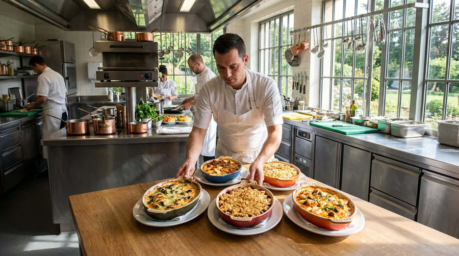 More Than Potatoes: 7 Unexpected Dishes to Serve in Oval Au Gratin Bakers - chef plating baked dishes in oval au gratin bakers