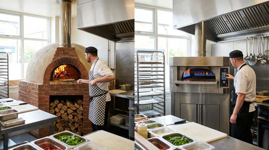 Alt Tag: Wood vs. Gas: Choosing the Right Commercial Outdoor Pizza Oven for Your Restaurant – chef using wood-fired and gas pizza ovens in restaurant kitchen