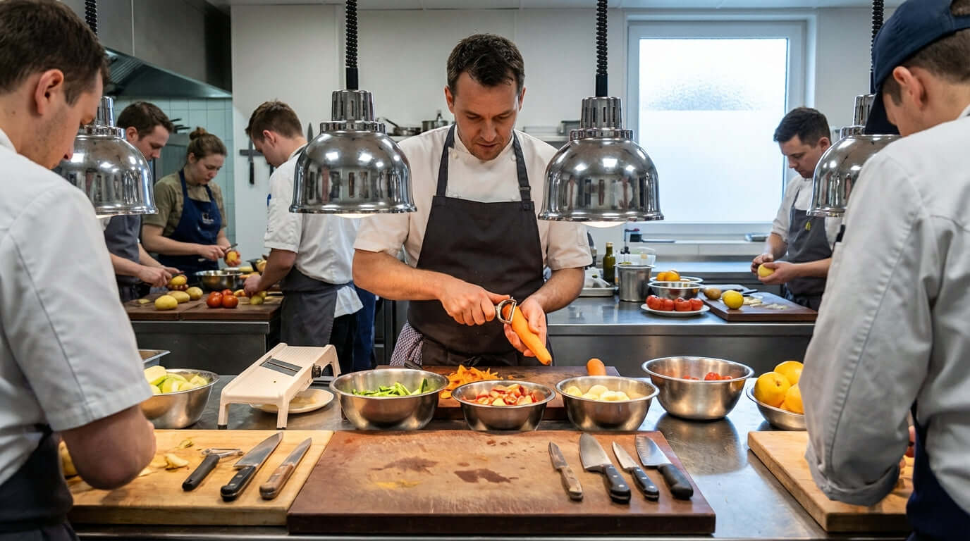 5 Pro Peeling Techniques to Speed Up Your Kitchens Workflow in action as chefs peel carrots during fast-paced restaurant kitchen prep