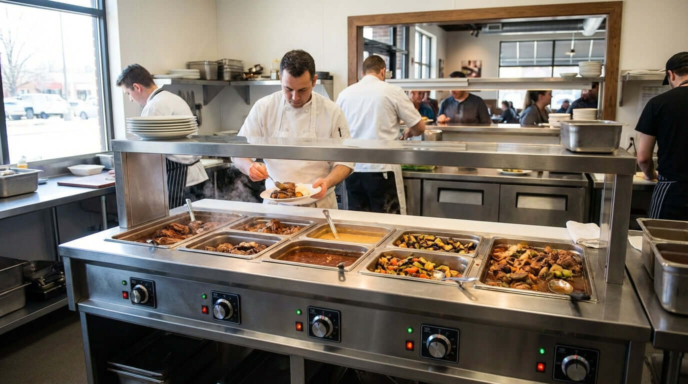 Alt Tag: The Ultimate Buyers Guide to Commercial Electric Steam Tables in restaurant kitchen buffet line holding food at safe serving temperature