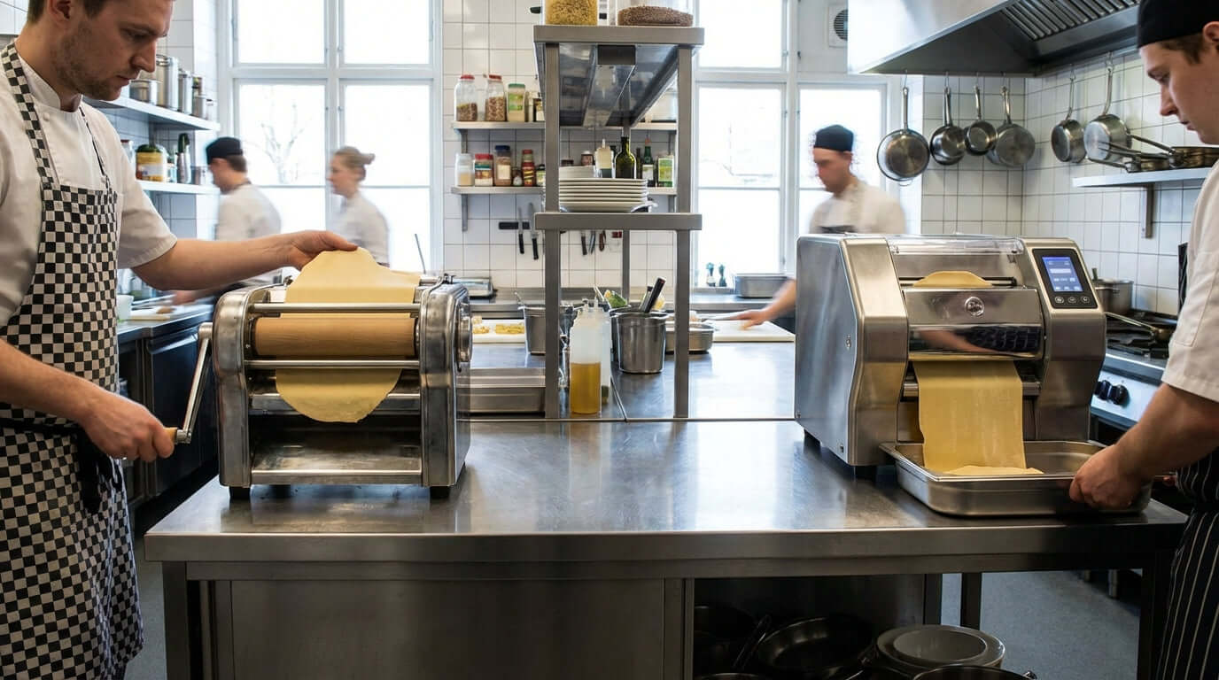 Manual vs. Electric Pasta Sheeters: Which is Best for Your Business? chefs using manual and electric pasta sheeters in commercial kitchen