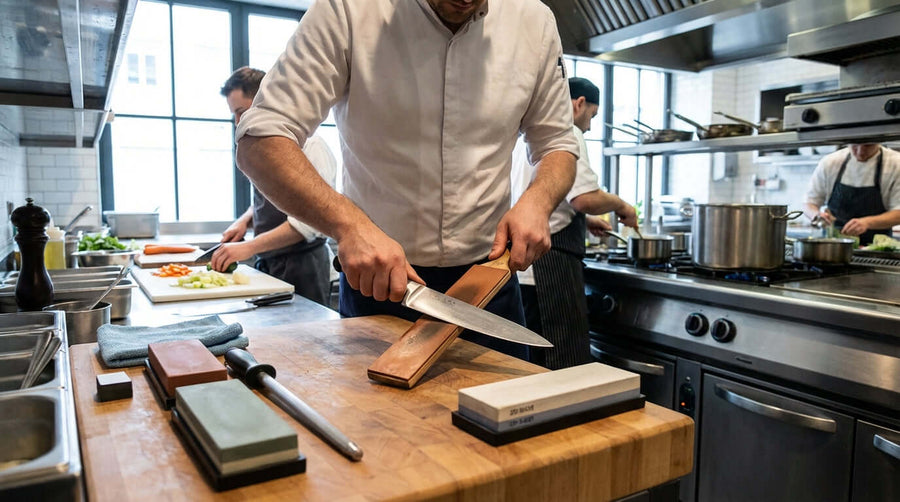 Beyond the Blade: The Ultimate Guide to Slicing Knife Care and Maintenance chef sharpening slicing knife on whetstone in busy kitchen
