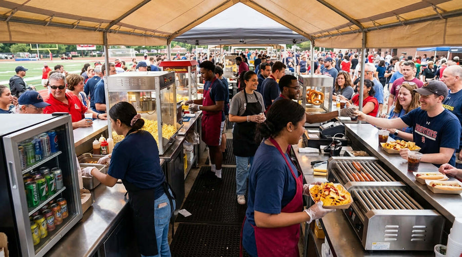 The Ultimate Guide to Maximizing Concession Stand Profit Margins at busy stadium concession stand with staff serving fries and snacks