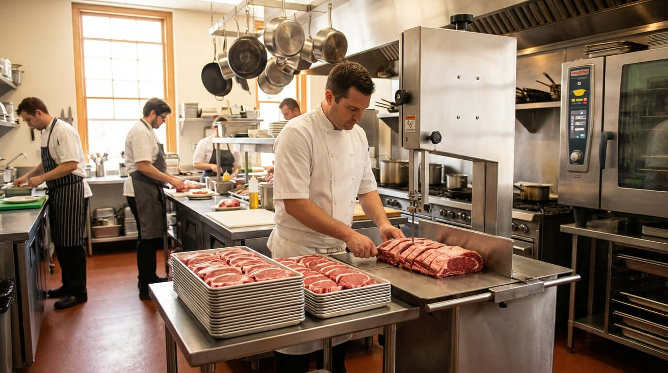 Portion Control Perfection: How a Band Saw Maximizes Your Meat Profits - chef slicing meat in commercial kitchen for precise portion control