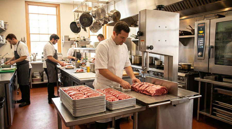 Portion Control Perfection: How a Band Saw Maximizes Your Meat Profits - chef slicing meat in commercial kitchen for precise portion control