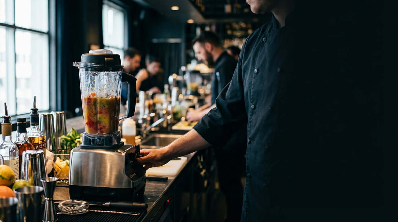 Choosing the Best Bar Blender for High-Volume Service with bartender blending fruit cocktail at busy bar counter