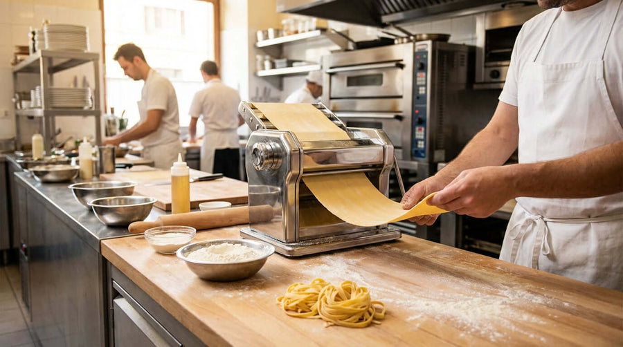 The Ultimate Buyers Guide: How to Choose the Right Countertop Pasta Sheeter for Your Restaurant - chef using countertop pasta sheeter in restaurant kitchen