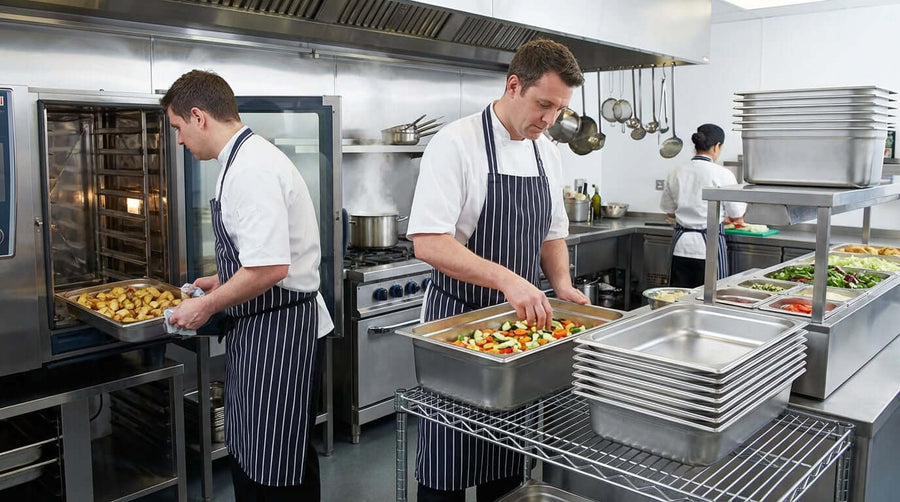 Alt Tag: More Than Just a Steam Table: 5 Creative Uses for Hotel Pans in Your Kitchen - chefs prepping vegetables with stacked stainless hotel pans in commercial kitchen