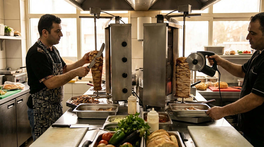 Electric vs. Manual: Choosing the Perfect Kebab Slicer for Your Business - chefs slicing shawarma on vertical rotisserie with electric knife
