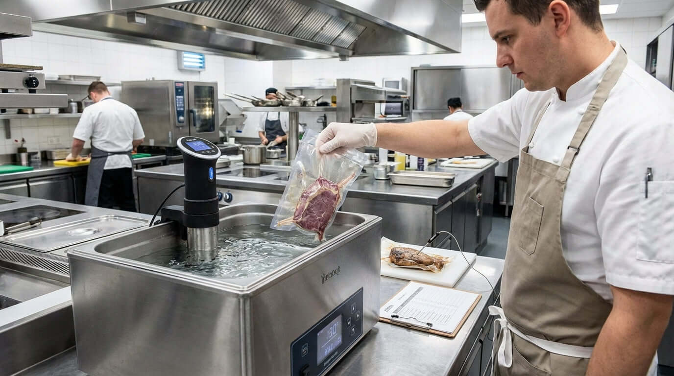 Alt Tag: HACCP and Sous Vide: A Practical Guide to Food Safety with Low-Temperature Cooking chef using sous vide immersion circulator in commercial kitchen