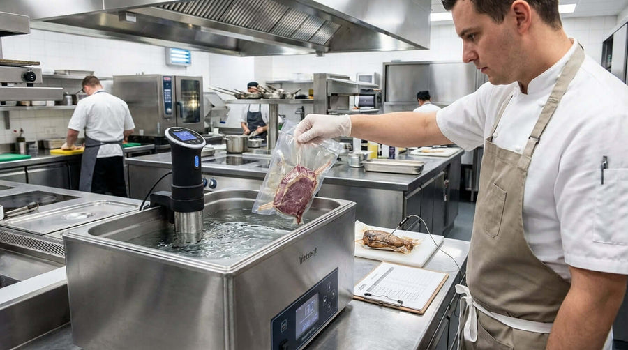 Alt Tag: HACCP and Sous Vide: A Practical Guide to Food Safety with Low-Temperature Cooking chef using sous vide immersion circulator in commercial kitchen
