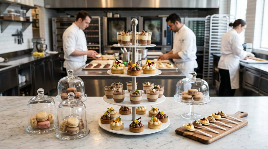 Dessert Display Trends: Elevating Your Presentation Game This Year showcasing tiered pastry stands, cupcakes, macarons and plated desserts in a bakery kitchen