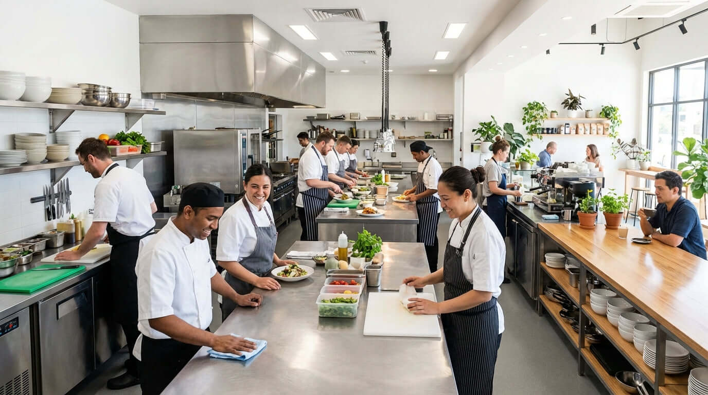 The Small Investment with a Big Impact: Boosting Staff Morale with a Cleaner Workspace in a clean commercial kitchen with chefs prepping food