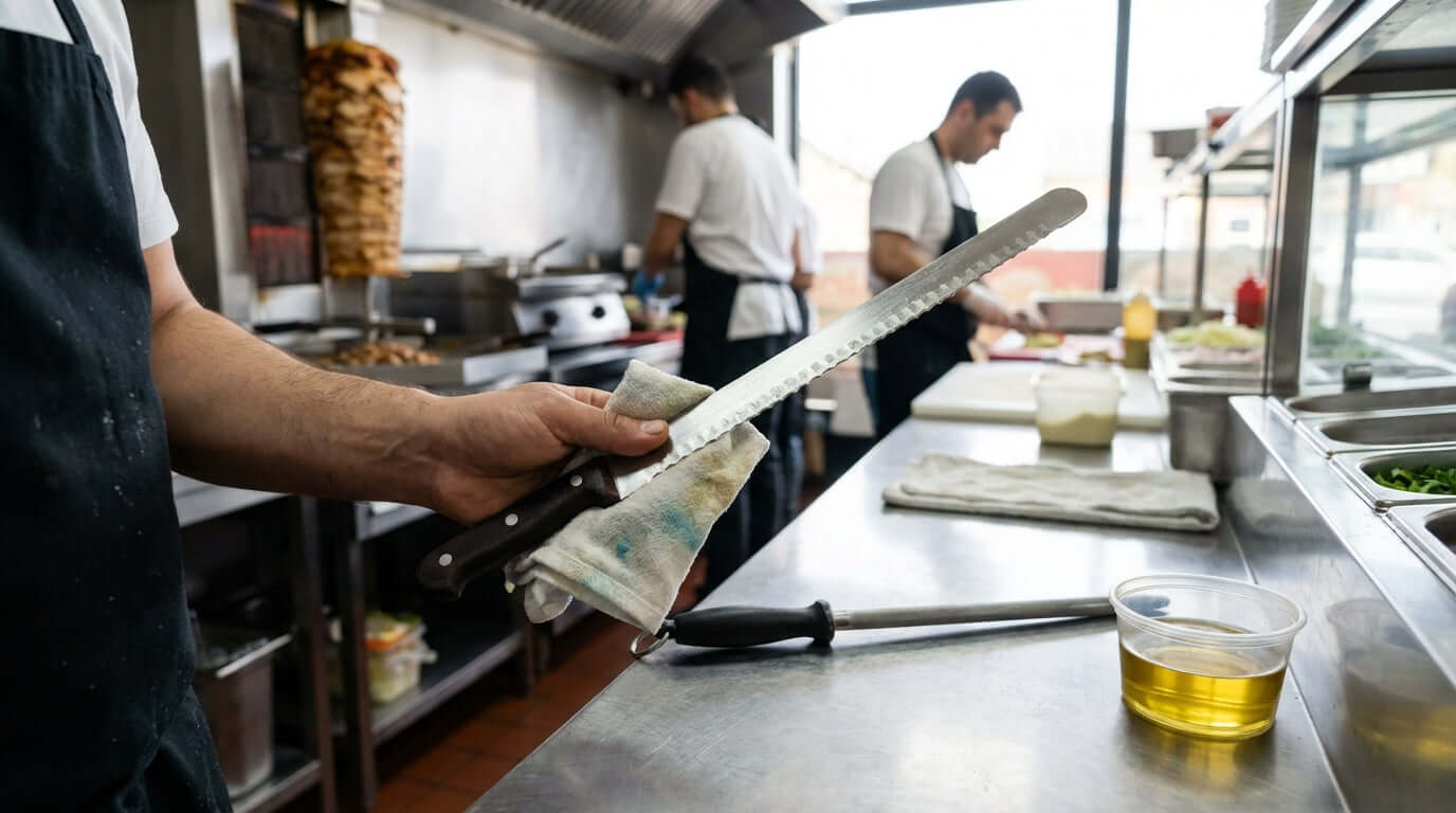 Keep it Sharp: The Ultimate Guide to Cleaning and Maintaining Your Doner Knife - chef holding doner knife in kebab kitchen prep area