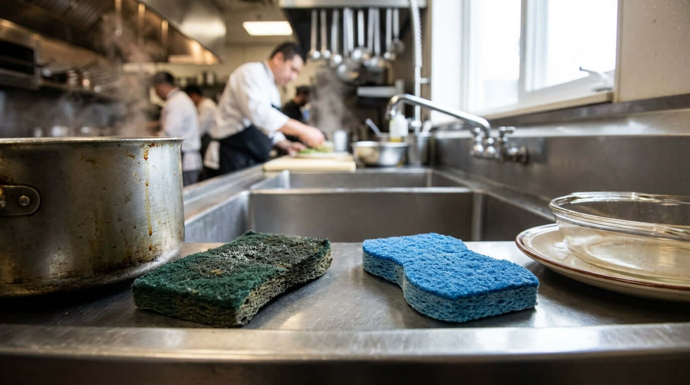 Alt Tag: The Ultimate Scrubber Showdown: Heavy-Duty vs. Non-Scratch Sponges in Your Kitchen – heavy-duty and non-scratch sponges on commercial sink counter
