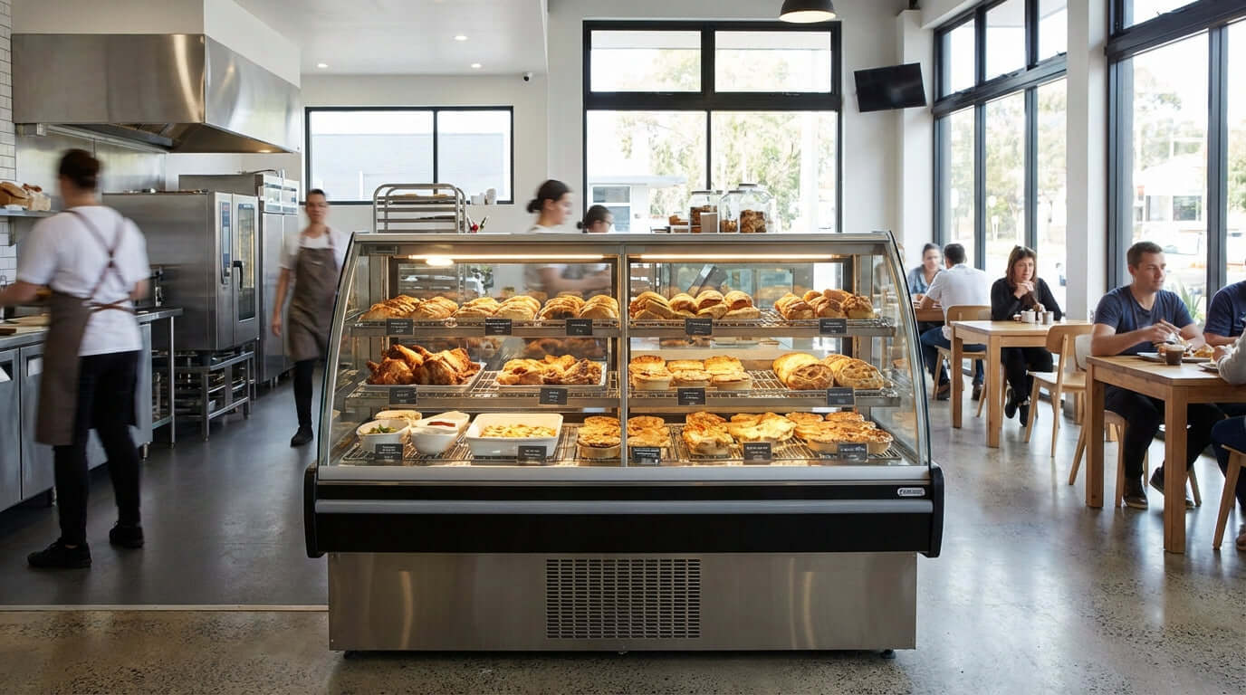 The Ultimate Buyers Guide: Choosing the Right Hot Food Display Case in bakery cafe with floor hot food display case and customers dining