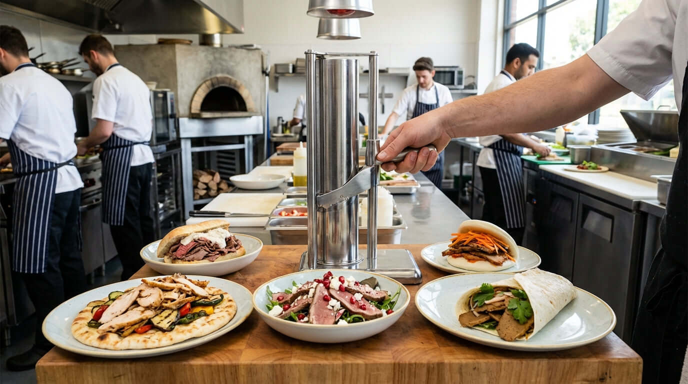 Beyond the Doner: 5 Creative Menu Ideas Using Your Kebab Slicer in busy restaurant kitchen with chef slicing kebab for diverse plated dishes
