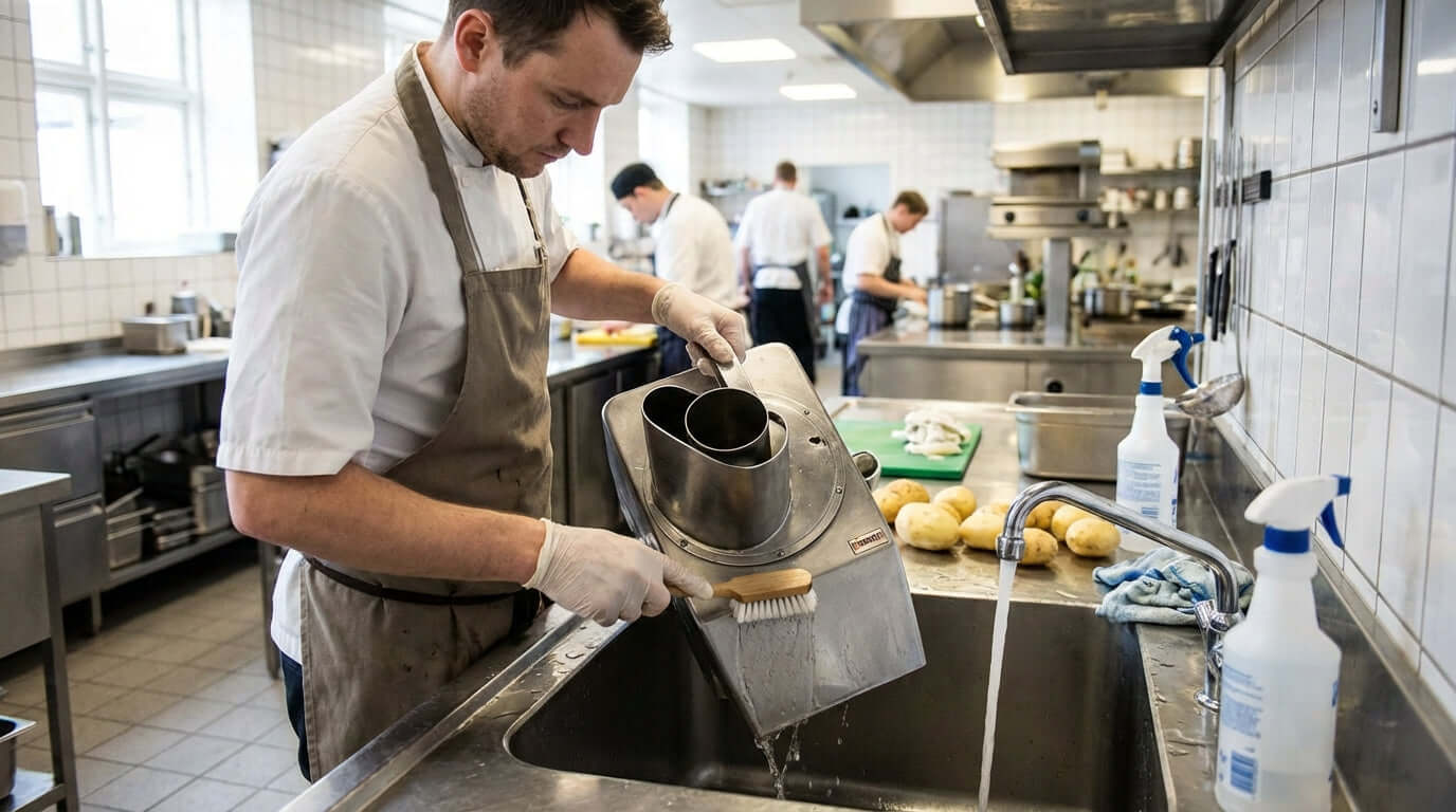 How to Properly Clean and Maintain Your Commercial Peelers for Longevity: chef washing commercial peeler parts at kitchen sink
