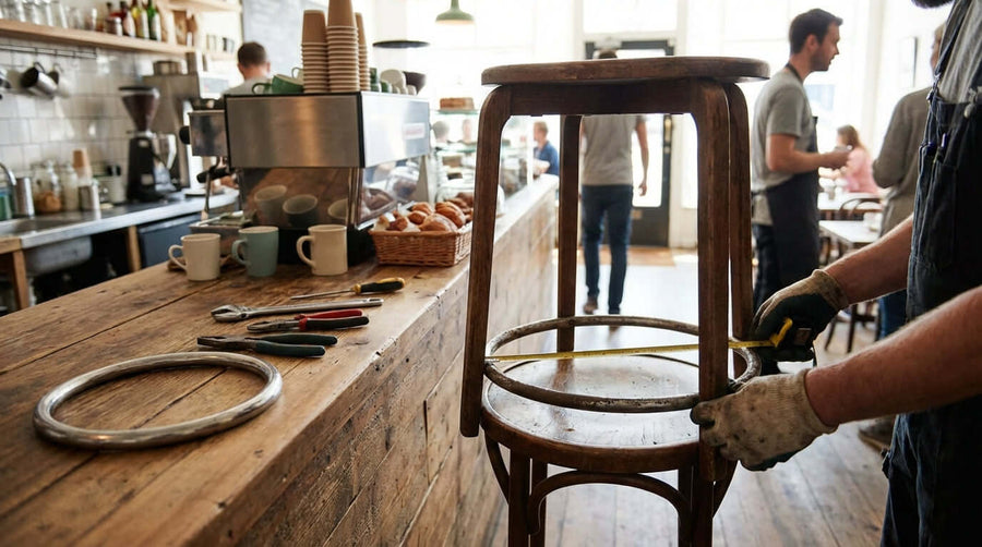 A Simple Guide to Measuring and Replacing Your Bar Stool Footrest Ring—technician installs replacement footrest ring on wooden bar stool