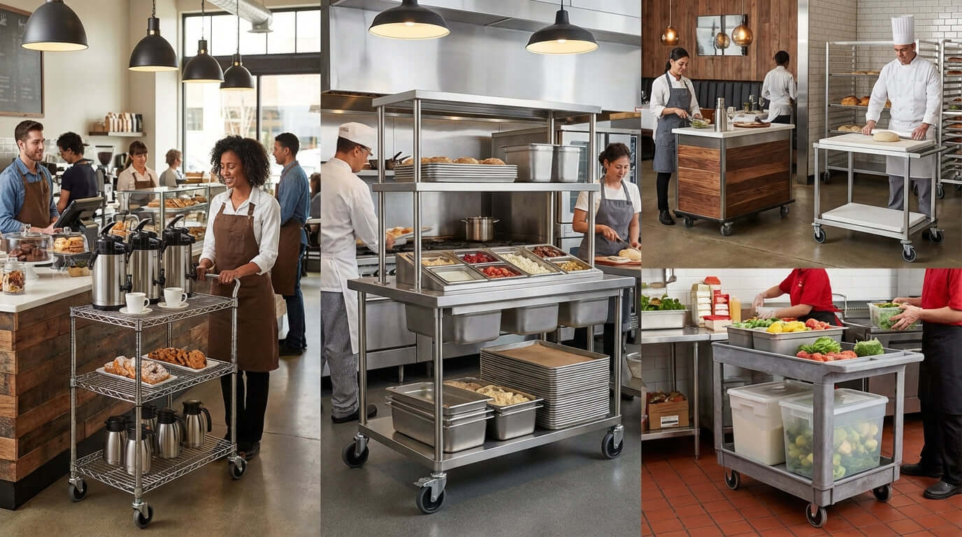Le guide ultime pour choisir le bon chariot à plateforme dans une cuisine commerciale animée avec des chefs utilisant des chariots de service en acier inoxydable
