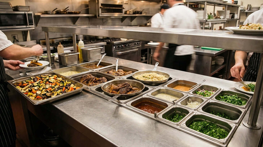 The Ultimate Guide to Steam Table Pan Sizes: From Full-Size to Ninth-Size steam table pans on commercial kitchen prep line