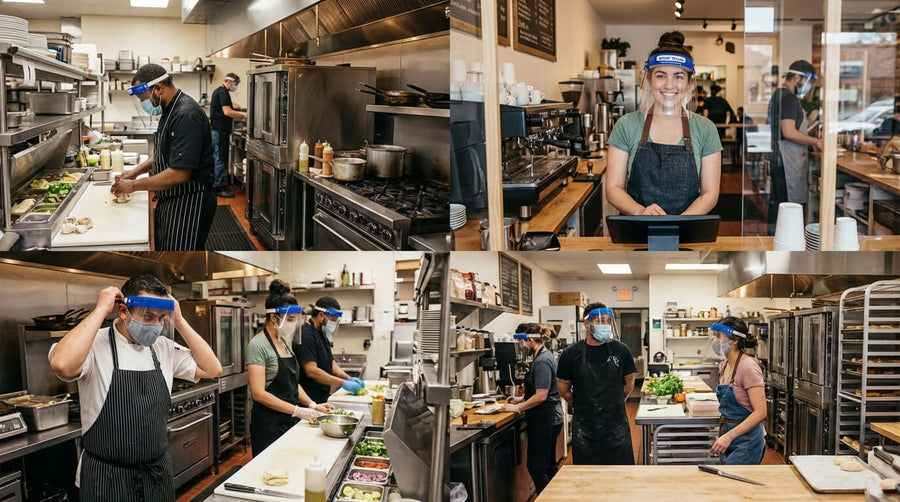 Keeping Your Team Comfortable: Tips for All-Day Mask & Shield Wear in food service and retail staff wearing masks and face shields at work