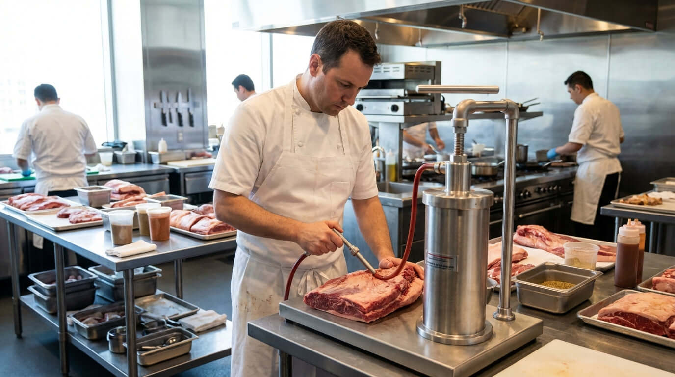 Alt Tag: Choosing the Right Meat Pump: A Buyers Guide for Your Commercial Kitchen - chef using meat pump injector on pork in commercial kitchen