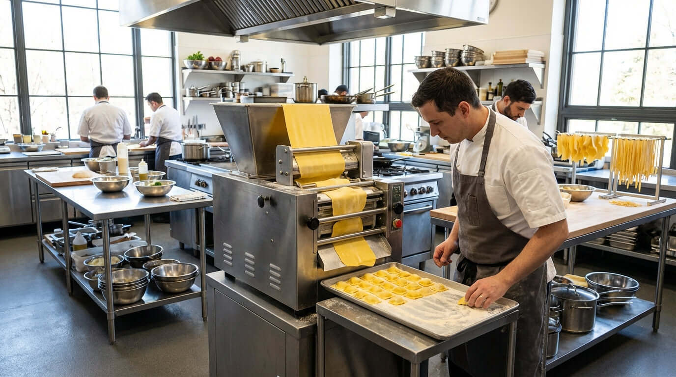 The Ultimate Buyers Guide to Commercial Ravioli Machines in a professional kitchen with chef using pasta sheeter and forming fresh ravioli