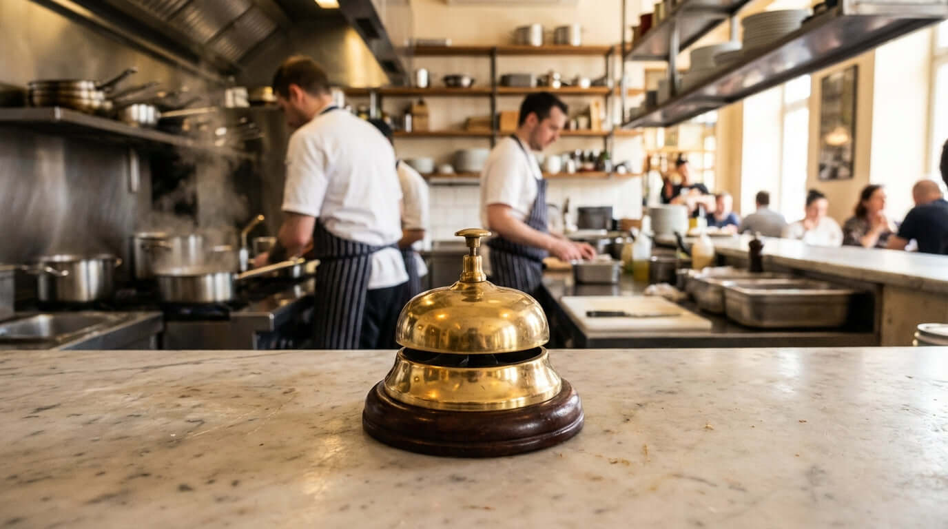 The Sound of Service: The Enduring Appeal of the Classic Hotel Bell on restaurant counter with chefs working in open kitchen