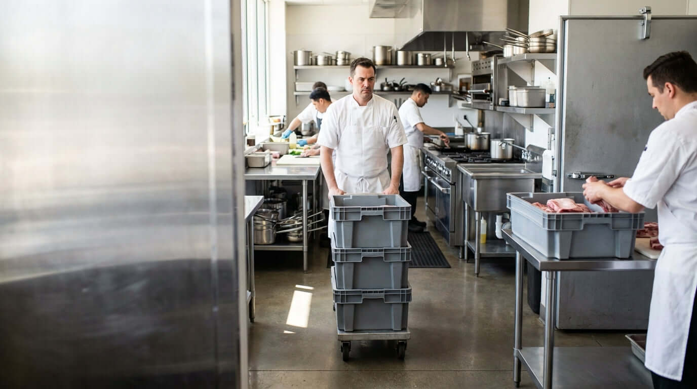 5 Ways Meat Lug Totes Revolutionize Your Commercial Kitchen Workflow with chefs using meat lug totes for organized food prep