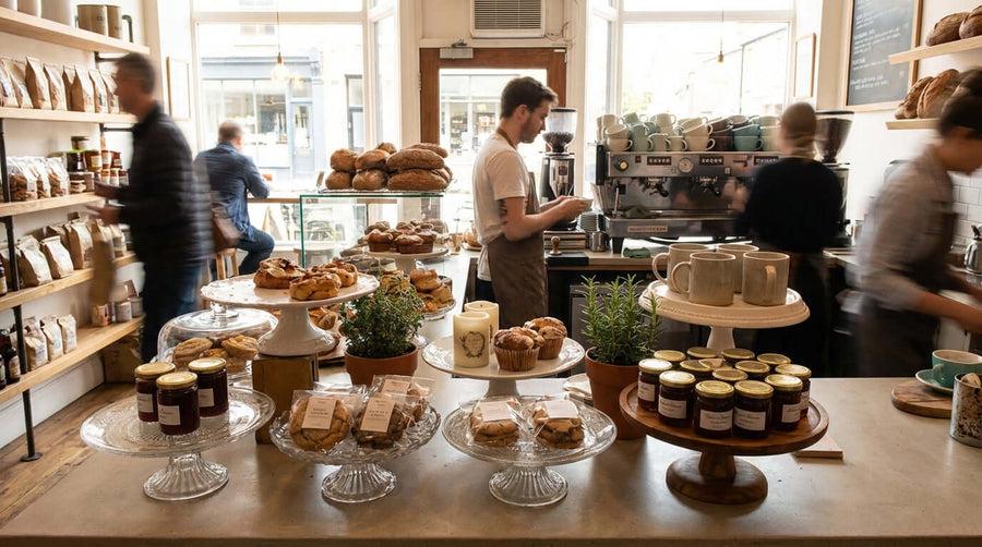 Beyond the Cake: Creative Ways to Use Your Cake Stand for Merchandising bakery counter with cake stands displaying pastries, jars, and retail items