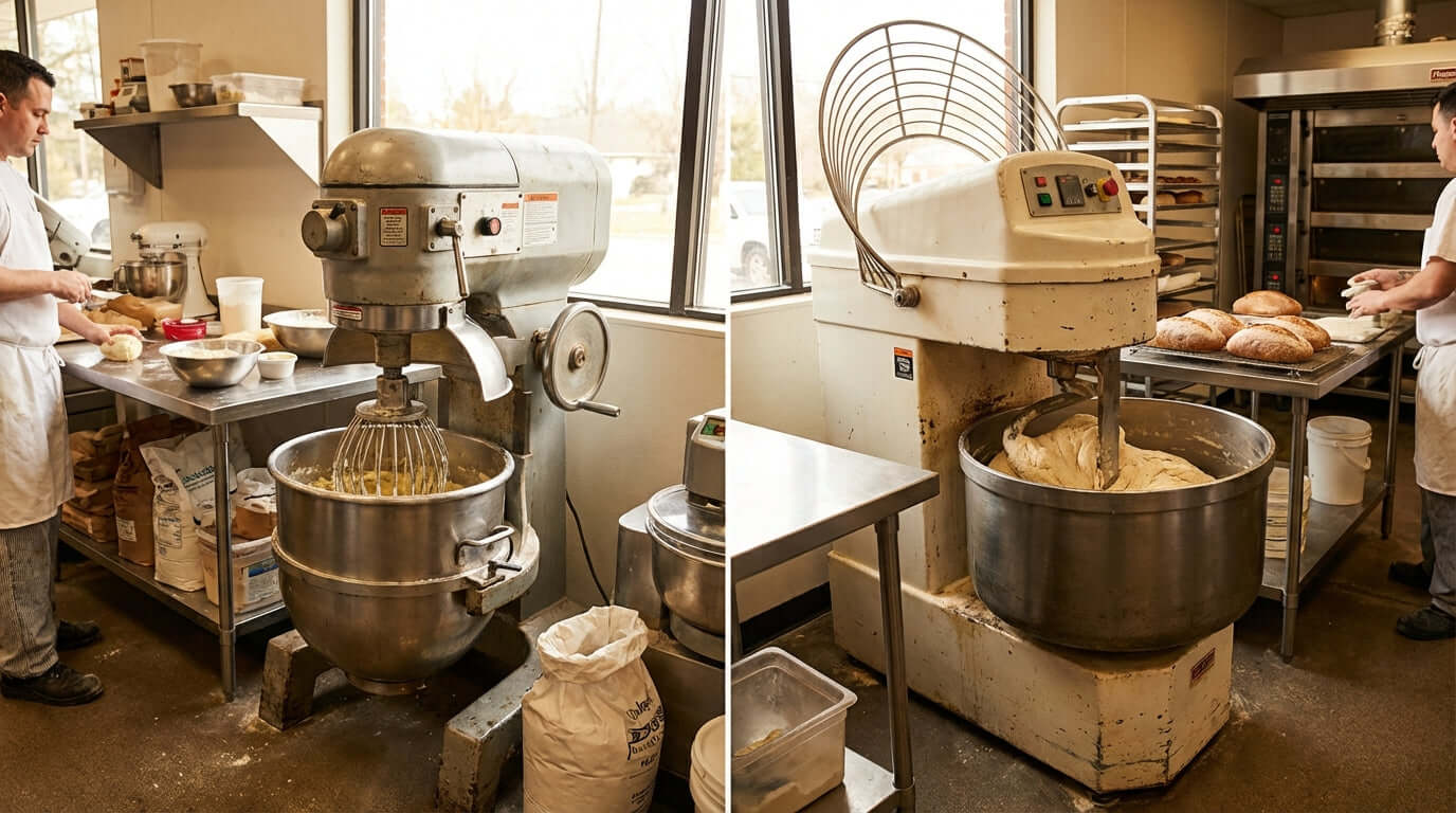 Planetary vs. Spiral Mixers: Which is the Right Choice for Your Kitchen? bakery kitchen with planetary and spiral dough mixers in use