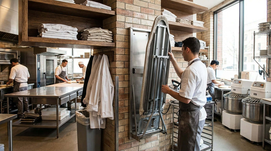 Alt Tag: Maximize Every Square Foot: Choosing the Best Commercial Iron Board Holder with wall-mounted ironing board in commercial laundry area