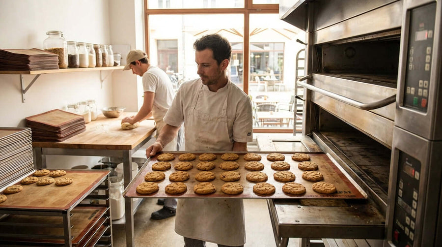 Greening Your Kitchen: The Sustainable Impact of Reusable Baking Mats - baker holding tray of fresh cookies in commercial kitchen