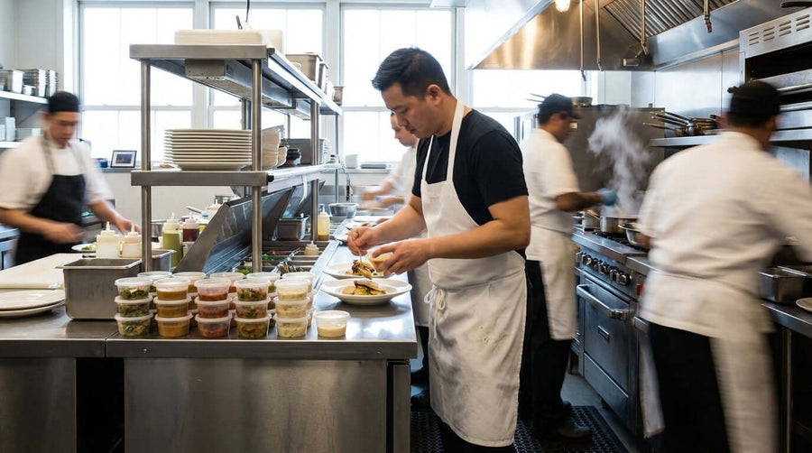 The Secret to a Faster Food Line: Boosting Kitchen Efficiency with Portion Cups in a busy commercial kitchen prepping meals with portion cups