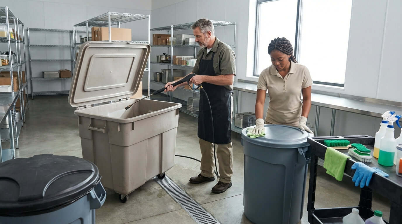 Alt Tag: Staff cleaning and inspecting bins in facility, commercial waste container maintenance guide