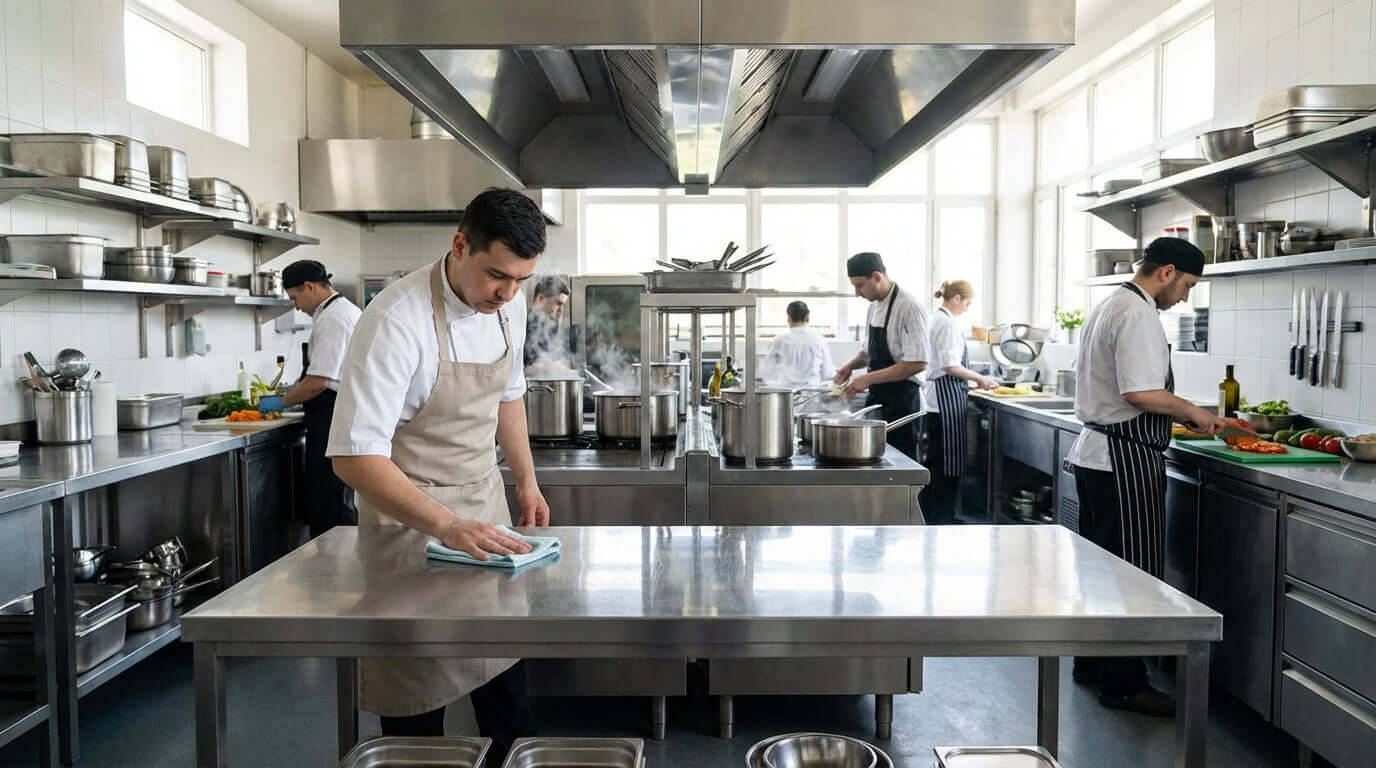 Alt Tag: Easy Maintenance Tips to Keep Your Stainless Steel Stands Looking New in busy commercial kitchen as chef wipes stainless steel worktable