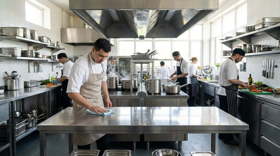 Alt Tag: Easy Maintenance Tips to Keep Your Stainless Steel Stands Looking New in busy commercial kitchen as chef wipes stainless steel worktable