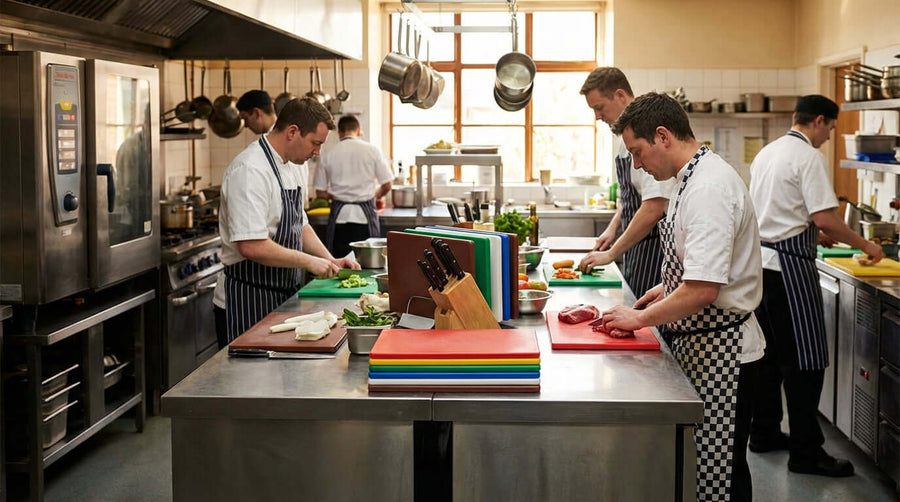 The Ultimate Guide to HACCP: Why Color-Coded Cutting Boards are Essential in commercial kitchen with chefs using color-coded boards