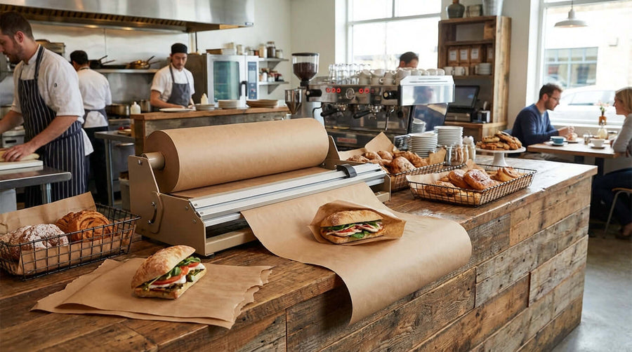 Beyond the Wrap: 6 Creative Ways to Use Your Kraft Paper Cutter in Your Cafe or Shop – cafe counter with kraft paper cutter wrapping sandwiches